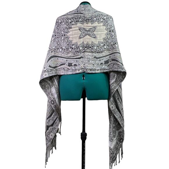 Oversized Paisley Tapestry Scarf Swirl Black White Gray 77" X 20" - Picture 7 of 11